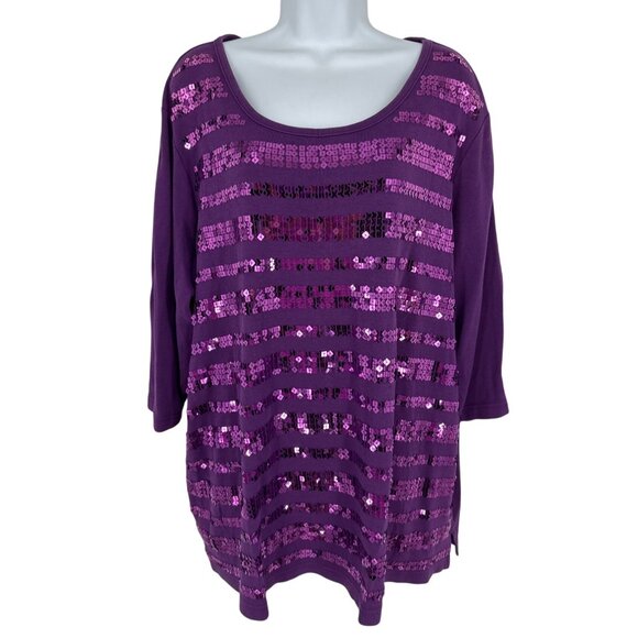 Quacker Factory Purple Sequin Striped 3/4 Sleeve Cotton Top Womens Plus Size 2X - Picture 1 of 8